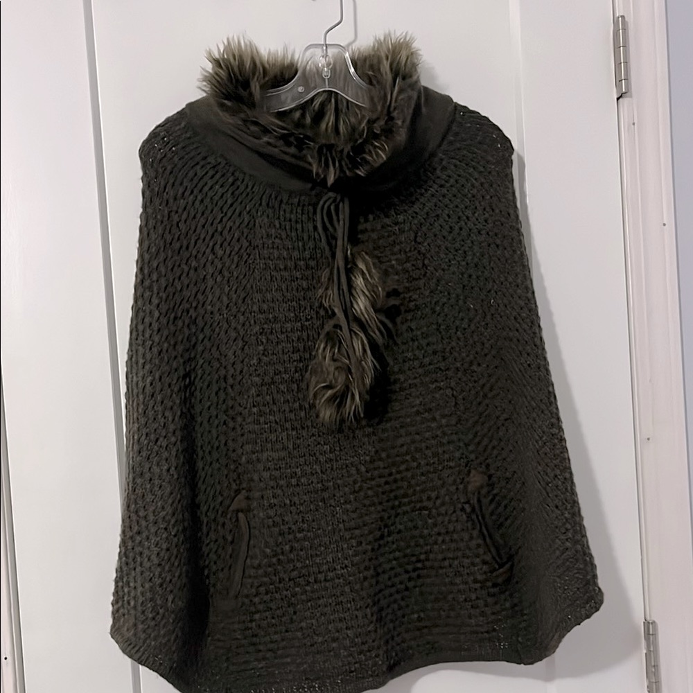Poncho Knit Sweater with Faux Fur Trim
